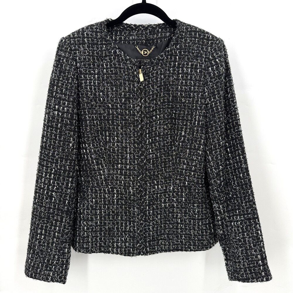 Donna Karan New York Tweed Jacket Women 12 Black Metallic Boucle Quiet Luxury